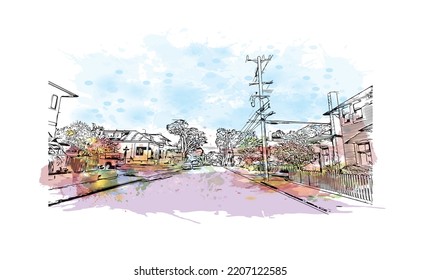 Building view with landmark of Pacific Grove is the 
city in California. Watercolor splash with hand drawn sketch illustration in vector.