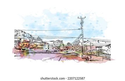 Building view with landmark of Pacific Grove is the 
city in California. Watercolor splash with hand drawn sketch illustration in vector.