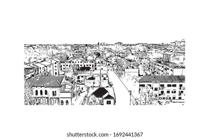 Building view with landmark of Padua is a city in Northern Italy’s Veneto region. Hand drawn sketch illustration in vector.