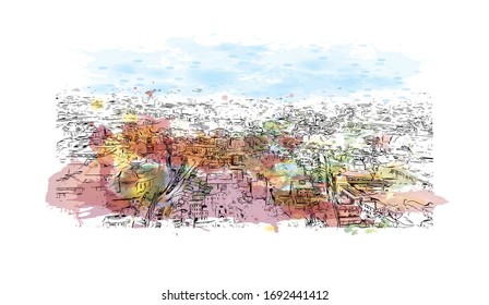 Building view with landmark of Padua is a city in Northern Italy’s Veneto region. Watercolor splash with Hand drawn sketch illustration in vector.