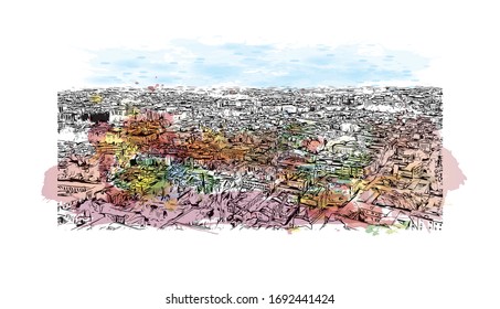 Building view with landmark of Padua is a city in Northern Italy’s Veneto region. Watercolor splash with Hand drawn sketch illustration in vector.