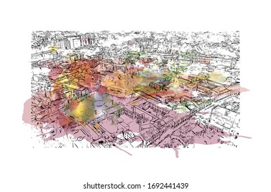 Building view with landmark of Padua is a city in Northern Italy’s Veneto region. Watercolor splash with Hand drawn sketch illustration in vector.