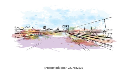Building view with landmark of Padua is the 
city in Italy. Watercolor splash with hand drawn sketch illustration in vector.