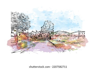 Building view with landmark of Padua is the 
city in Italy. Watercolor splash with hand drawn sketch illustration in vector.