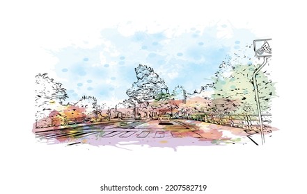 Building view with landmark of Padua is the 
city in Italy. Watercolor splash with hand drawn sketch illustration in vector.