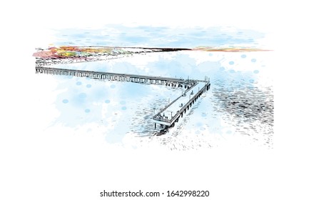Building view with landmark of Palanga is a resort town on Lithuania’s Baltic coast. Watercolor splash with Hand drawn sketch illustration in vector.