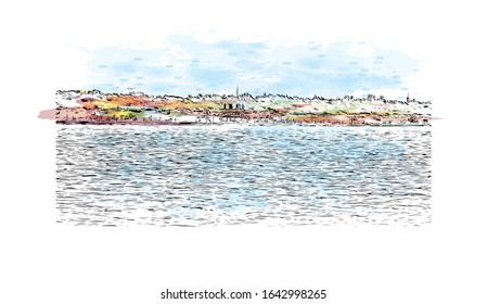 Building view with landmark of Palanga is a resort town on Lithuania’s Baltic coast. Watercolor splash with Hand drawn sketch illustration in vector.