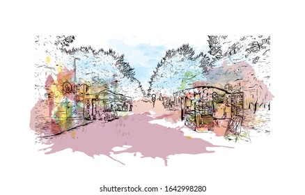 Building view with landmark of Palanga is a resort town on Lithuania’s Baltic coast. Watercolor splash with Hand drawn sketch illustration in vector.