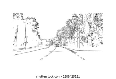 Building view with landmark of Palanga is the 
town in Lithuania. Hand drawn sketch illustration in vector.