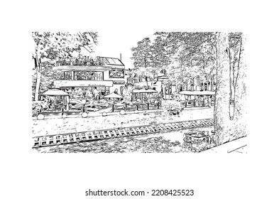 Building view with landmark of Palanga is the 
town in Lithuania. Hand drawn sketch illustration in vector.