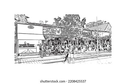 Building view with landmark of Palanga is the 
town in Lithuania. Hand drawn sketch illustration in vector.