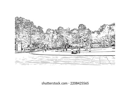 Building view with landmark of Palanga is the 
town in Lithuania. Hand drawn sketch illustration in vector.