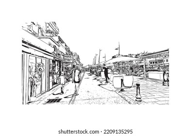 Building view with landmark of Palavas les Flots is the 
commune in France. Hand drawn sketch illustration in vector.