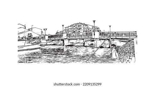 Building view with landmark of Palavas les Flots is the 
commune in France. Hand drawn sketch illustration in vector.