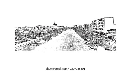 Building view with landmark of Palavas les Flots is the 
commune in France. Hand drawn sketch illustration in vector.