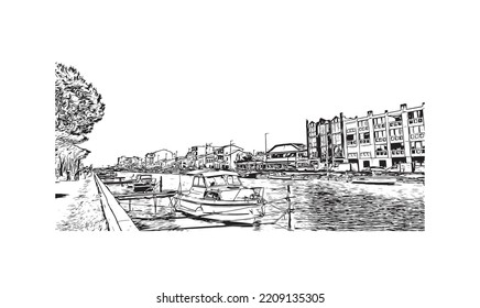 Building view with landmark of Palavas les Flots is the 
commune in France. Hand drawn sketch illustration in vector.