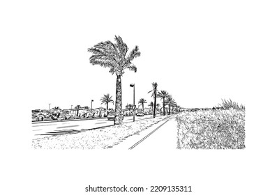 Building view with landmark of Palavas les Flots is the 
commune in France. Hand drawn sketch illustration in vector.