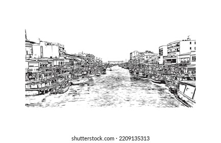 Building view with landmark of Palavas les Flots is the 
commune in France. Hand drawn sketch illustration in vector.