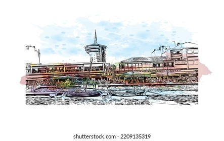 Building view with landmark of Palavas les Flots is the 
commune in France. Hand drawn sketch illustration in vector.