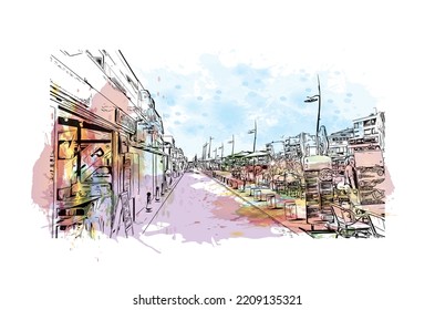 Building view with landmark of Palavas les Flots is the 
commune in France. Hand drawn sketch illustration in vector.