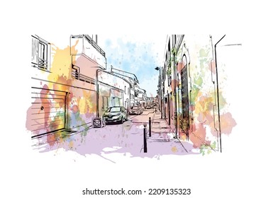 Building view with landmark of Palavas les Flots is the 
commune in France. Hand drawn sketch illustration in vector.