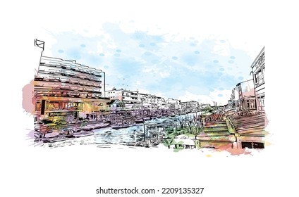 Building view with landmark of Palavas les Flots is the 
commune in France. Hand drawn sketch illustration in vector.