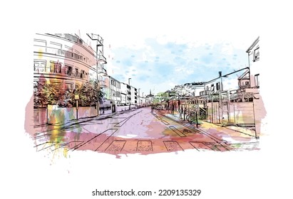 Building view with landmark of Palavas les Flots is the 
commune in France. Hand drawn sketch illustration in vector.