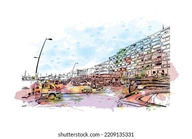 Building view with landmark of Palavas les Flots is the 
commune in France. Hand drawn sketch illustration in vector.