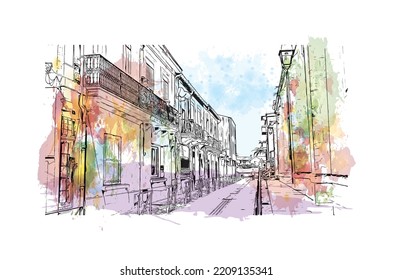 Building view with landmark of Palavas les Flots is the 
commune in France. Hand drawn sketch illustration in vector.