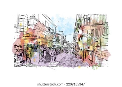 Building view with landmark of Palavas les Flots is the 
commune in France. Hand drawn sketch illustration in vector.