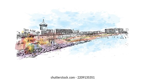 Building view with landmark of Palavas les Flots is the 
commune in France. Hand drawn sketch illustration in vector.