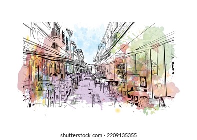 Building view with landmark of Palavas les Flots is the 
commune in France. Hand drawn sketch illustration in vector.