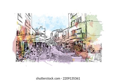 Building view with landmark of Palavas les Flots is the 
commune in France. Hand drawn sketch illustration in vector.