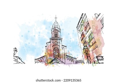 Building view with landmark of Palavas les Flots is the 
commune in France. Hand drawn sketch illustration in vector.