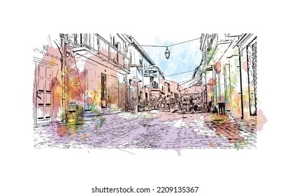 Building view with landmark of Palavas les Flots is the 
commune in France. Hand drawn sketch illustration in vector.