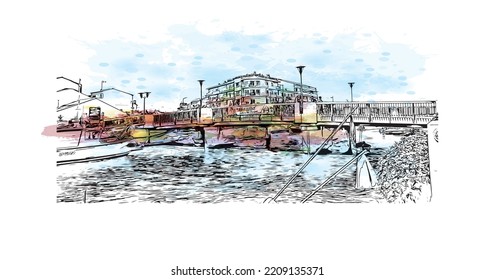 Building view with landmark of Palavas les Flots is the 
commune in France. Hand drawn sketch illustration in vector.