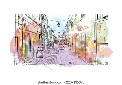 Building view with landmark of Palavas les Flots is the 
commune in France. Hand drawn sketch illustration in vector.