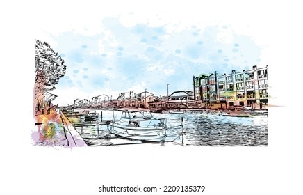 Building view with landmark of Palavas les Flots is the 
commune in France. Hand drawn sketch illustration in vector.