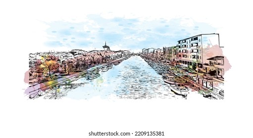 Building view with landmark of Palavas les Flots is the 
commune in France. Hand drawn sketch illustration in vector.