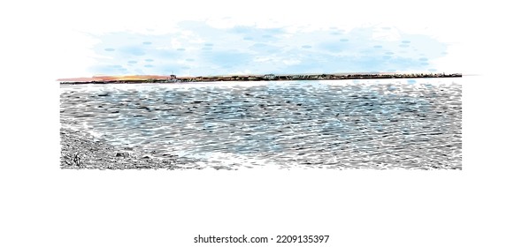 Building view with landmark of Palavas les Flots is the 
commune in France. Hand drawn sketch illustration in vector.