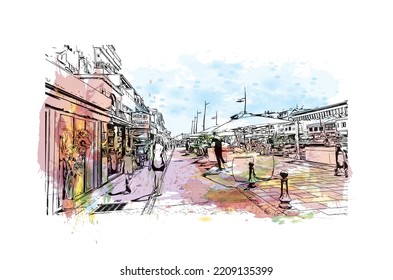 Building view with landmark of Palavas les Flots is the 
commune in France. Hand drawn sketch illustration in vector.