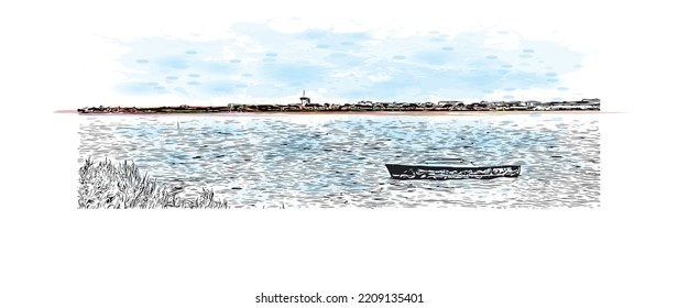 Building view with landmark of Palavas les Flots is the 
commune in France. Hand drawn sketch illustration in vector.