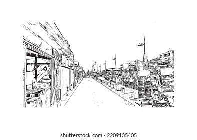 Building view with landmark of Palavas les Flots is the 
commune in France. Hand drawn sketch illustration in vector.