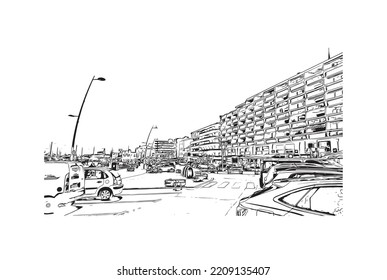 Building view with landmark of Palavas les Flots is the 
commune in France. Hand drawn sketch illustration in vector.