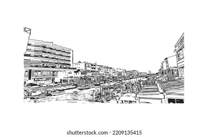 Building view with landmark of Palavas les Flots is the 
commune in France. Hand drawn sketch illustration in vector.