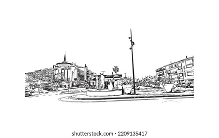 Building view with landmark of Palavas les Flots is the 
commune in France. Hand drawn sketch illustration in vector.