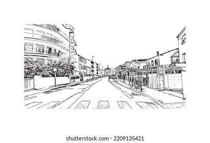 Building view with landmark of Palavas les Flots is the 
commune in France. Hand drawn sketch illustration in vector.