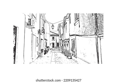 Building view with landmark of Palavas les Flots is the 
commune in France. Hand drawn sketch illustration in vector.