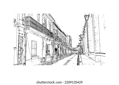 Building view with landmark of Palavas les Flots is the 
commune in France. Hand drawn sketch illustration in vector.