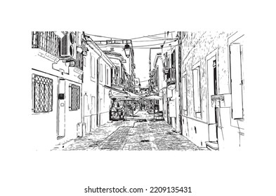 Building view with landmark of Palavas les Flots is the 
commune in France. Hand drawn sketch illustration in vector.